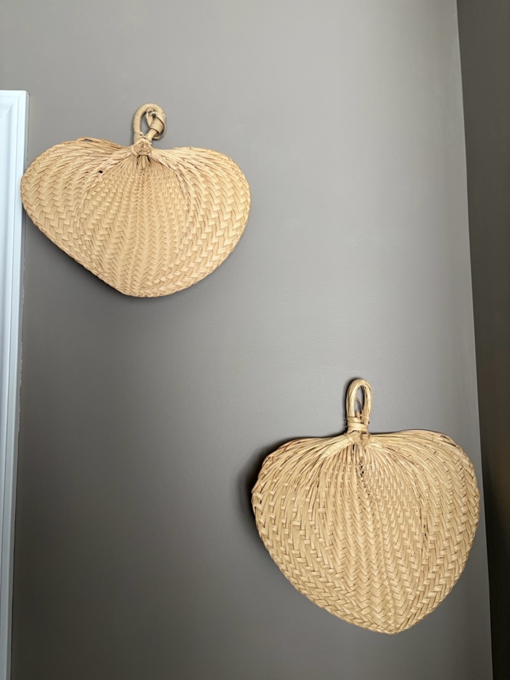 Boho Woven Heart Wall Basket Pair - Natural Straw Home Wall Decor